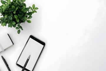 top view of minimalist white desk with smartphone, pen, and single green plant 
