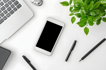 top view of minimalist white desk with smartphone, pen, and single green plant 
