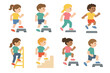 © Марія Томилович - Children's Step Exercises. Flat vector mini-illustrations step exercise in colors children's illustrations: step aerobics, step up