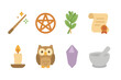 © Марія Томилович - Witchcraft Tools Icons. Flat vector mini-illustrations witchcraft tools in colors children's illustrations: wand, pentagram, herbs