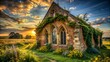 © RitaRuhi - Abandoned church ruin in a rural landscape at sunset, overgrown with plants