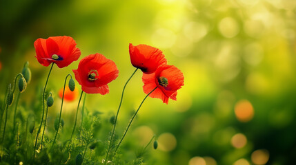 Wall Mural - meadow with red poppies blue sky in the background