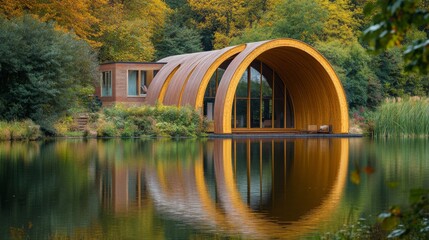 Wall Mural - a stunning architectural marvel by the serene lake. the unique curved structure harmonizes with the 