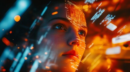 Wall Mural - A futuristic portrait that combines human emotion with digital technology. Bright colors and patterns enhance the concept of merging worlds. Generative AI