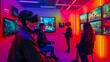 © Olsek - Exciting scene of people engaging with virtual reality technology in a vibrant gallery. Innovative experiences captivate the audience. Explore the future of entertainment. Generative AI