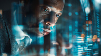 Man in suit looking at complex data on a screen with city lights in the background blur