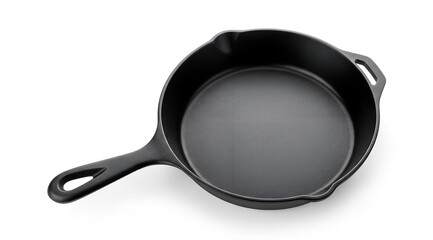 Black cast iron skillet, empty and ready for use, isolated on white background.
