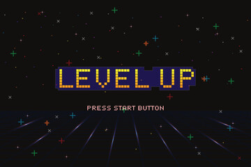 Wall Mural - LEVEL UP. pixel art .8-bit game. Retro Futurism Sci-Fi Background. glowing neon grid. and stars from vintage arcade computer games