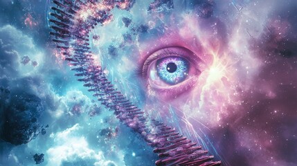 Wall Mural - a surreal, cosmic scene featuring a large, eye-like structure with a spiral staircase leading upward
