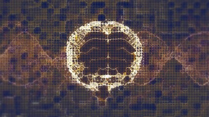 Wall Mural - Animation of 3d human brain, dna rotating against abstract pattern on computer graphic background