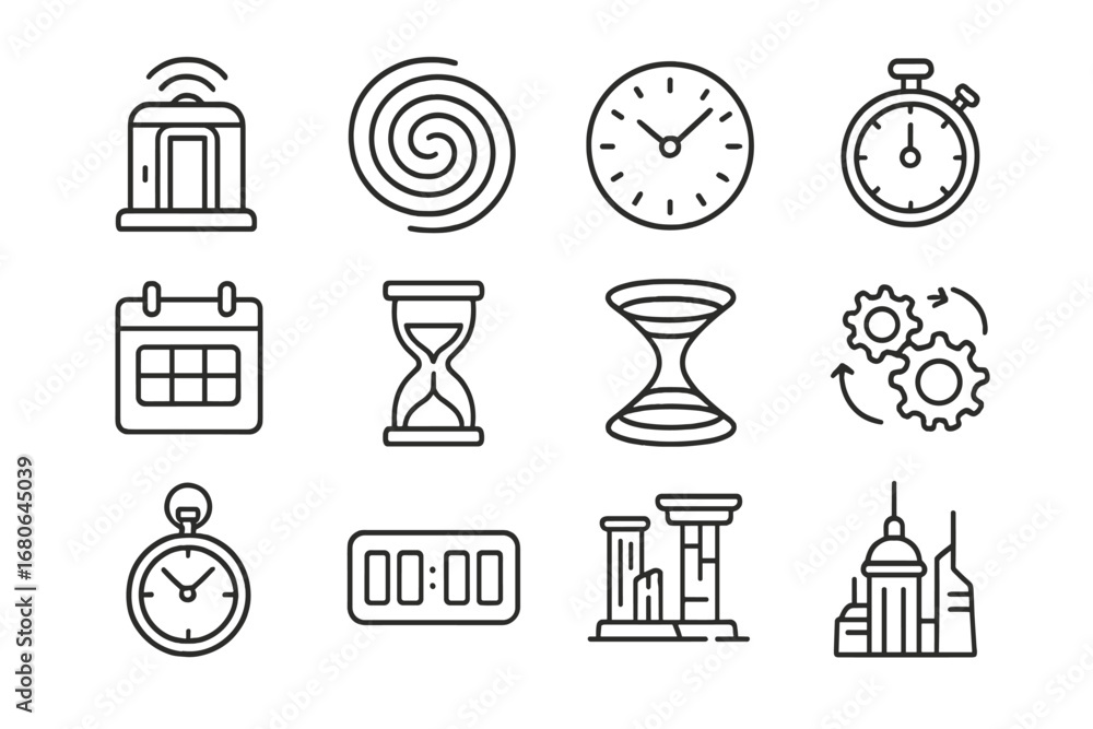Time Travel Icons. Outline icon set of exploring time dimensions: time ...
