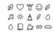 © Viacheslav - Stress Relief Icons. Outline icon set of stress relief: leaf, heart, stretching figure, smile face, music note