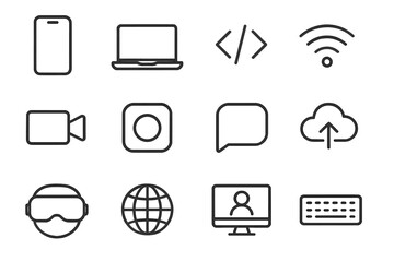 Digital Empowerment Icons. Outline icon set of digital empowerment: smartphone, laptop, coding symbol, wi-fi,