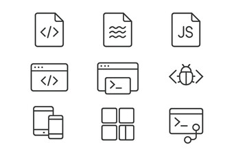 front-end icons grid. outline icon set of front-end development: html file, css file, javascript fil