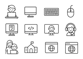 Kids Computer Icons. Outline icon set of kids on computers: child at desk, desktop computer, keyboard, mouse,