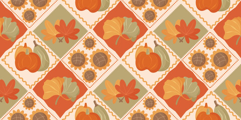 Wall Mural - Autumn season seamless pattern background vector. Fall harvest wallpaper with pumpkin, sunflower, ginkgo leaf, maple leaf, frame. Design for printed, cover, fabric, packaging, wall art, home decor. 