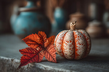 Wall Mural - Autumn Harvest Aesthetic with Decorative Pumpkin and Fall Leaves for Seasonal Decor Inspiration