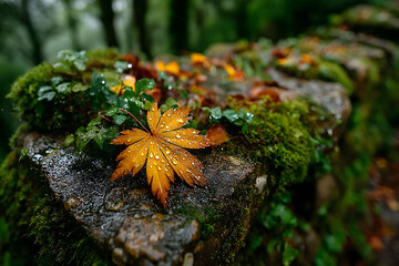 Wall Mural - Autumn Leaf with Raindrops on Mossy Stone Wall in Tranquil Forest Setting