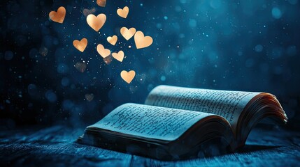Wall Mural - an open book with golden hearts floating above it on a dark, bokeh background.