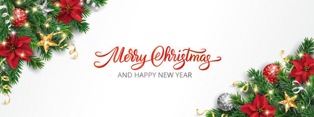 Wall Mural - Christmas background with corner garlands of poinsettias, pine branches, ornaments, and stars. Calligraphy Merry Christmas and Happy New Year greeting. Perfect for cards, banners, and party designs.