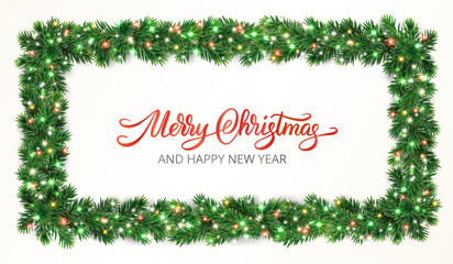 Wall Mural - Holiday banner. Christmas tree frame with fir branches and colorful glowing lights. Merry Christmas calligraphy. Perfect for winter headers, party posters, invitations, social media banners. Vector.