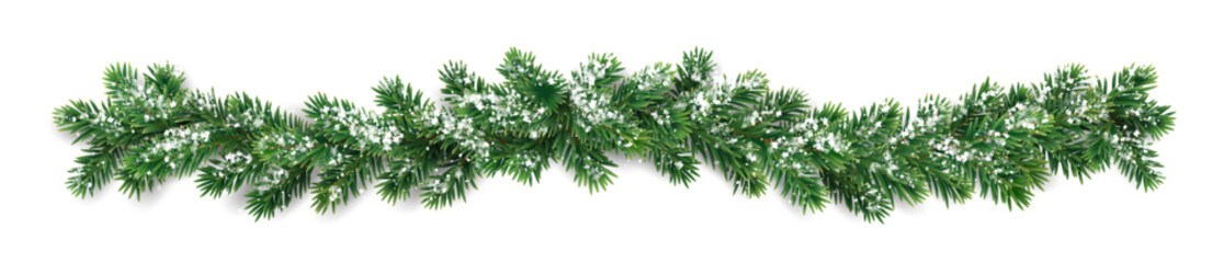 Wall Mural - Horizontal Christmas garland. Snowy fir branches. Frosty festive design for winter celebration banners, greeting cards, invitations, and seasonal posters. Transparent background in vector file.