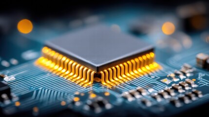 Intricate microchip close up, highlighting the complexity of modern technology.