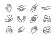 © Viacheslav - Helping Hand Icons. Outline icon set of helping hand: open palm, handshake, supportive arm, lifting gesture,