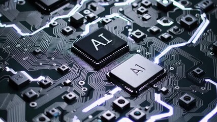 Representation of AI programming - Artificial Intelligence chip on a Circuit Board in Technology - Innovation and development - AI Processor on Motherboard - Future Technology - Semi Conductor