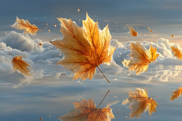 Wall Mural - Golden Autumn Leaves Floating Above Reflective Clouds for Nature-Themed Designs