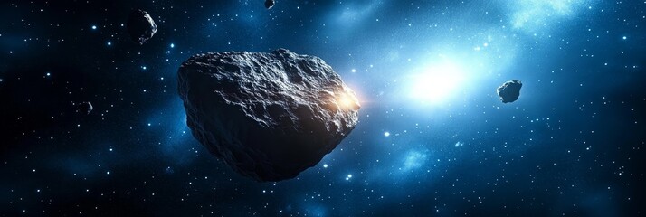 Wall Mural - A Stunning Dark Asteroid Field in the Infinite Expanse of Space Next to a Luminous Starry Galaxy