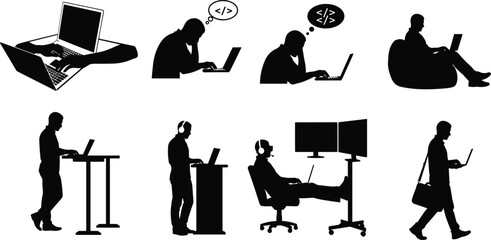Silhouettes of people working on laptops — remote work, coding, tech lifestyle, and digital nomads in modern tech environments