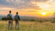 © niwat - Tourist couple on an African safari to view wildlife in an open grassy field as the sun comes up.
