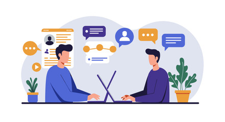 Collaborative remote work with two people communicating on laptops in a modern interface