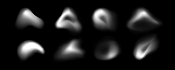 Blur shape blob collection with soft white gradient forms on black background for abstract design and overlay effects. Smooth organic modern elements with diffused blurry edges and glowing spots
