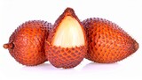 Three salak fruits, one partially peeled revealing the white flesh, against a white background.