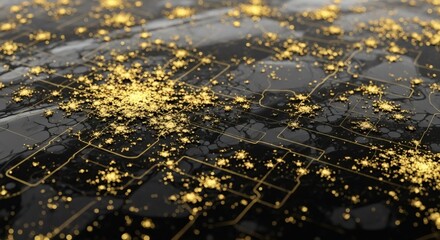 Canvas Print - abstract digital art with glowing gold particles on a black textured surface
