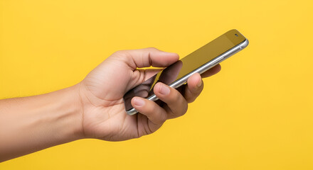 hand holding a modern smartphone with a yellow background, isolated and focused.