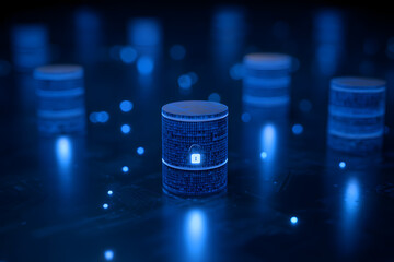 Cyber security, data protection, cyberattacks concep on blue background. Databse security software develpment. Online security conept. AI