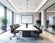 © Fajri - Modern office room with sleek table, office chairs, glass walls, and minimal design.