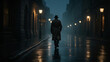 © DONG - Photorealistic rainy night street scene with silhouette of person in trench coat and fedora walking away, wet pavement reflections, dim streetlights and old buildings