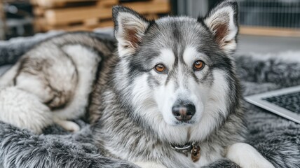   Majestic Alaskan Malamute Dog Relaxing on a Cozy Bed