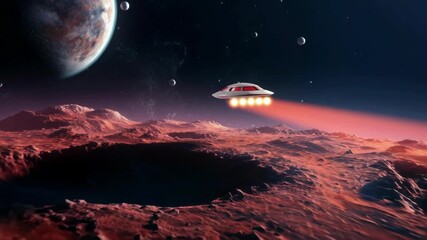 Wall Mural - A sci-fi video concept with a UFO flying over a cratered alien landscape. The wide-angle shot captures a distant planet and stars in the background. Live desktop wallpaper.