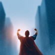 © SolaruS - Triumphant figure with red cape, arms raised in victory against a cityscape. Symbol of power, resilience, and overcoming challenges. Ideal for motivational and heroic themes.