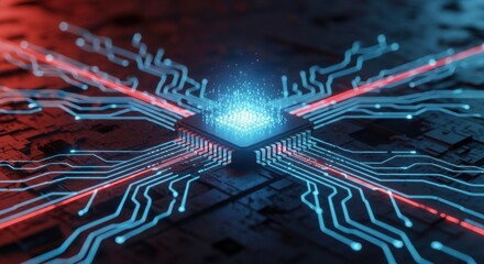 Closeup of a central processor with illuminated circuits, technology concept