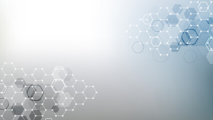 Wall Mural - health care or medical abstract background with hexagons, lines and dots. scientific innovation bann
