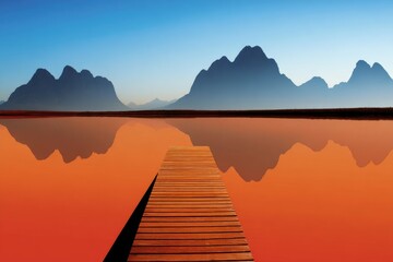 serene landscape; still, orange water reflecting mountains, wooden dock extends to viewer