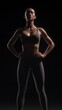 © hakule - A fit athlete stands boldly with hands on hips in a dark studio, highlighting her toned physique. The expression conveys confidence and focus, embodying strength and athleticism.