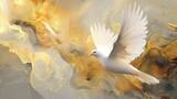 white dove with spread wings gracefully flies through abstract golden and gray ethereal wisps