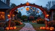 © wpw - a halloween archway styled with wooden beams, pumpkins lined evenly at corners glowing, jack o lantern lanterns hanging across beam top, bright pumpkin themed centerpiece.